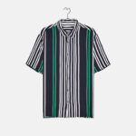 Camicia a maniche corte con righe verticali blu, bianche e verdi