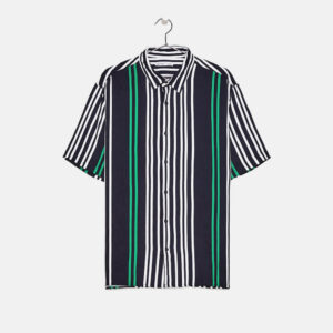 Camicia a maniche corte con righe verticali blu, bianche e verdi