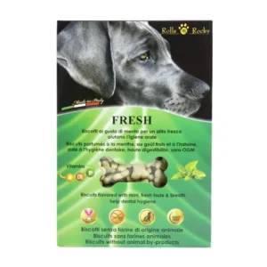 Biscotti cane alito fresco menta rolls rocky confezione verde con biscotti a osso