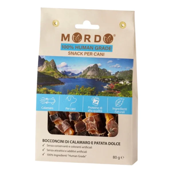 Bocconcini Cane Patata Dolce e Calamaro Mordo confezione da 80g snack naturale