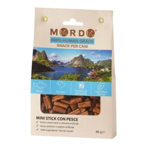 mordo snack cane pesce mini bastoncini marroni per cani 80g