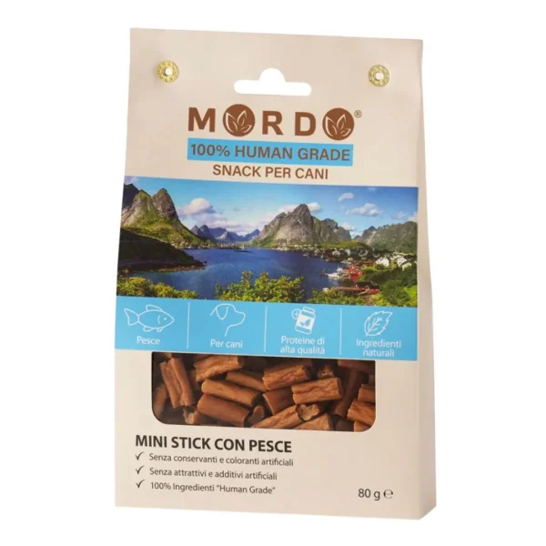 mordo snack cane pesce mini bastoncini marroni per cani 80g