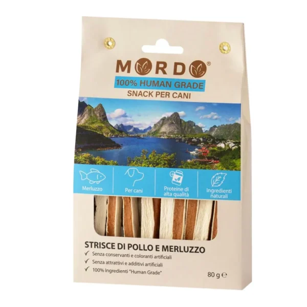 snack mordo pollo merluzzo strisce a due strati in busta 80g